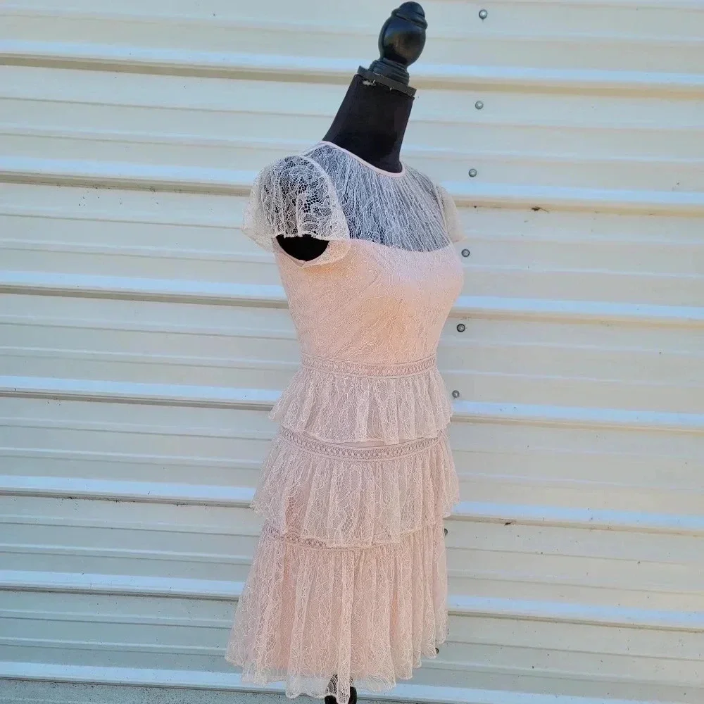 NWT ADRIANNA PAPELL Women's Satin Blush Pink Tiered Lace Mini A-Line Dress sz 0